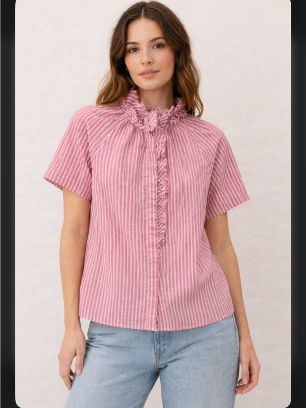 Chico’s pink striped ruffle blouse Sz 6 lightweight summer top business casual
